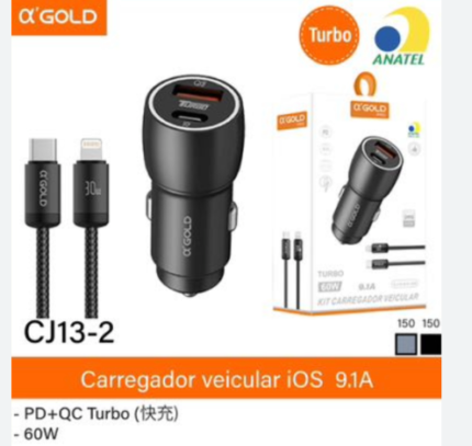 Carregador TURBO VEICULA  GOLD 9.1A  60W  1USB 1C cj13-2