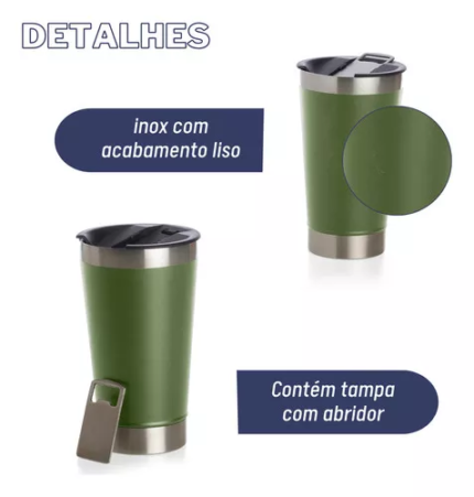 COPO TERMICA  473ML COM TAMPA ABRIDOR COR VERDE MILITA LISO